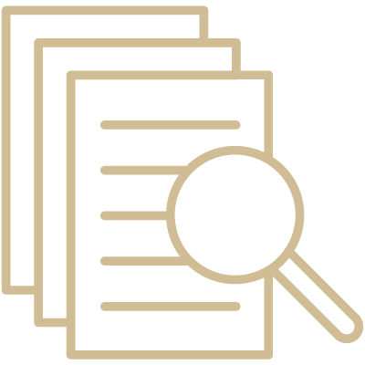 Research icon - pages under magnifying glass