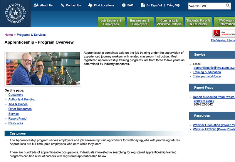 Texas Workforce Commission Apprenticeship overview site screenshot