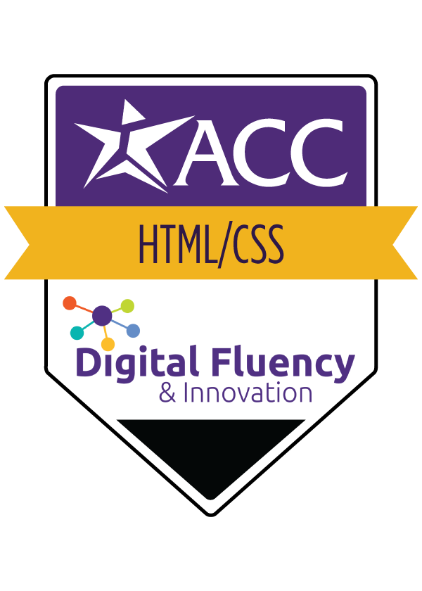 Digital portable badge for Austin Community College District's Digital Fluency and Innovation HTML/CSS microcredential