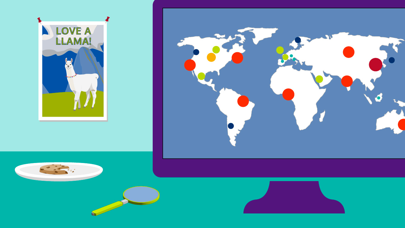 Computer monitor, poster of a llama, plate with half eaten cookie, and magnifying glass. On the computer monitor is a graphical representation of data analytics showing points on a global map.