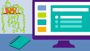 Computer monitor, shelf holding a potted plant, and a notebook. On the computer screen is a graphical representation of a PowerPoint or Google Slides presentation.