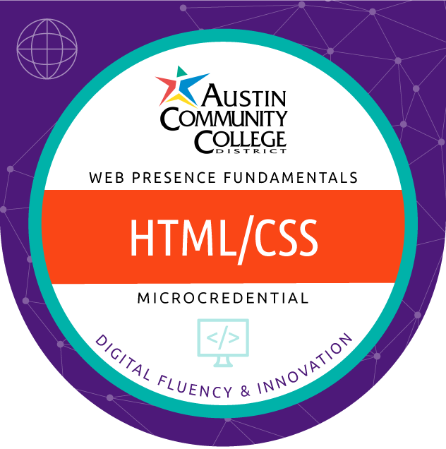 Digital portable badge for Austin Community College District's Digital Fluency and Innovation HTML and CSS microcredential