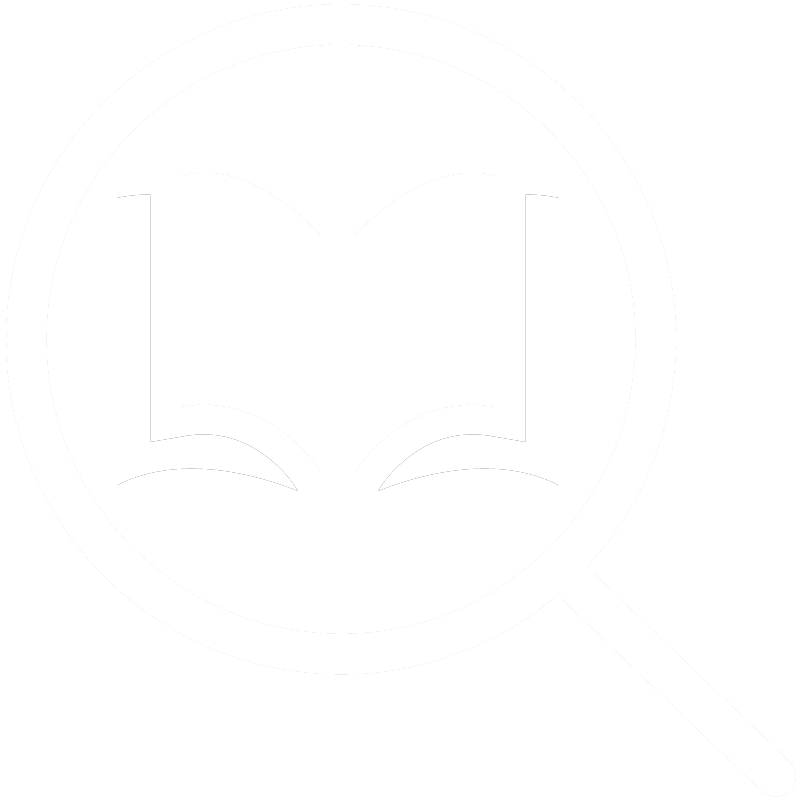 Magnifying glass with book in center signifying library services