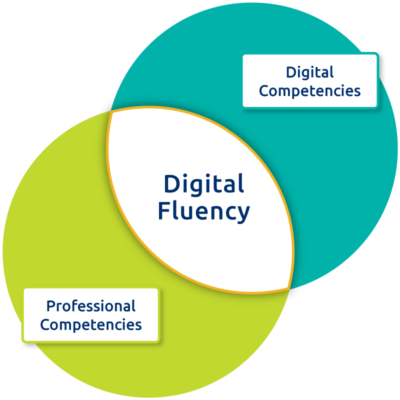 Venn diagram showing two circles overlapping, one says Professional Competencies, and the other says Digital Competencies. The place that overlaps says Digital Fluency
