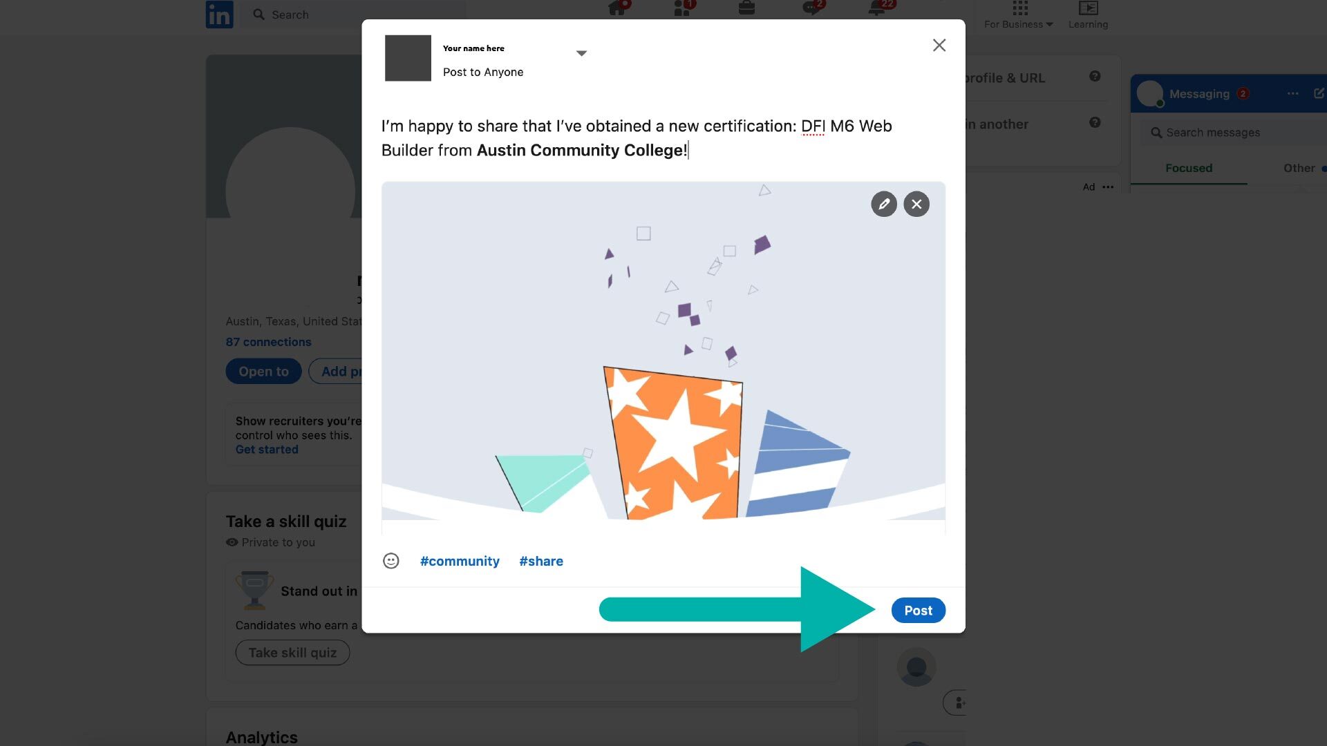 A popup on LinkedIn showing a celebratory post ACC students can use to share their earned Suitable badge.