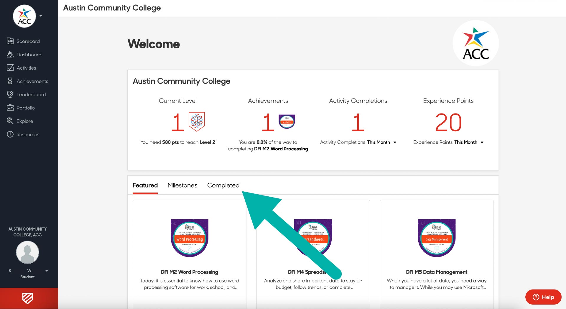 Screenshot of ACC student Suitable badge homepage with arrow showing student needs to click on "Completed" to view badges they have earned.