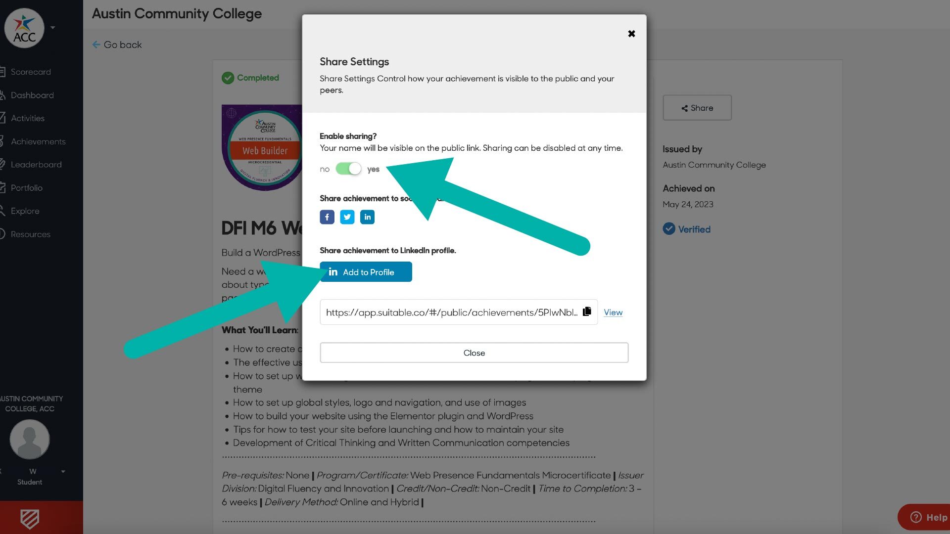 Screenshot showing a "Share" popup on ACC's Suitable Badge site that displays options to "Enable sharing" and "Sharing achievement to LinkedIn profile."