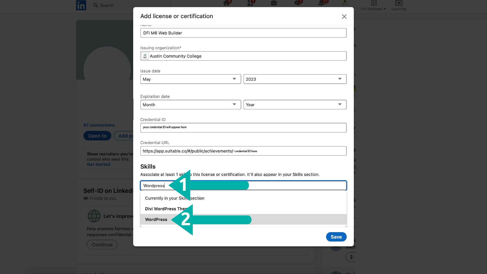Screenshot of LinkedIn popup showing how to add a license or certification to their profile. After clicking on the the "+ Add skill" button in the Skills section, ACC students can then type in the search bar for a skill associated with their badge. They can then select from a dropdown to add a skill.