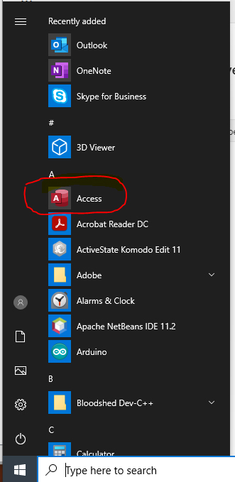 Screenshot of Windows Start Screen showing Microsoft Access app circled in red