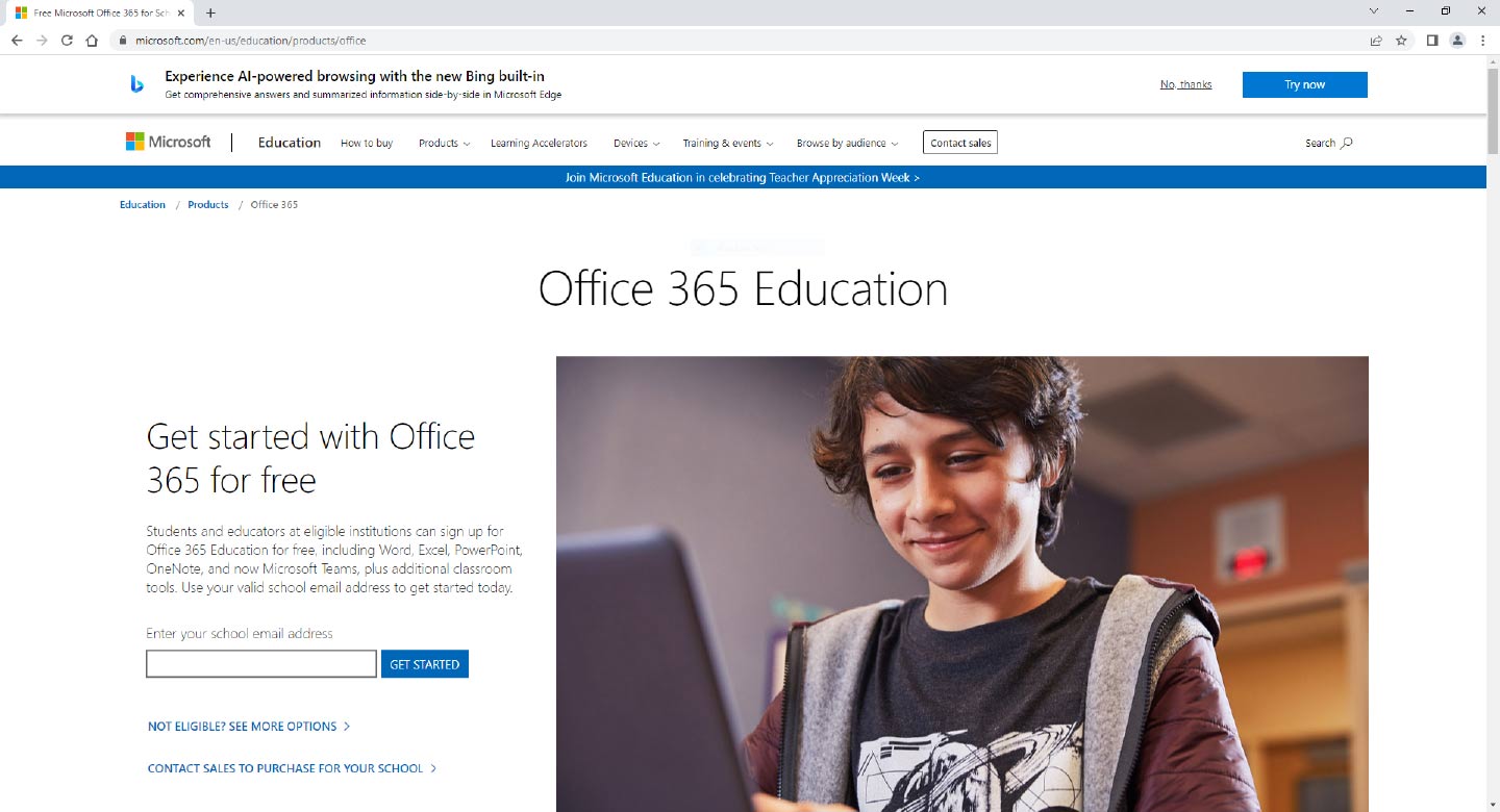 Screenshot of Microsoft Office 365 Education Student or Teacher ID page