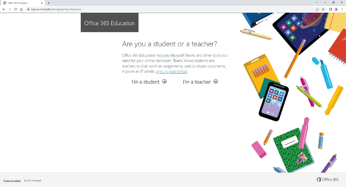 Screenshot of Microsoft Office 365 Education page asking for identification as student or teacher