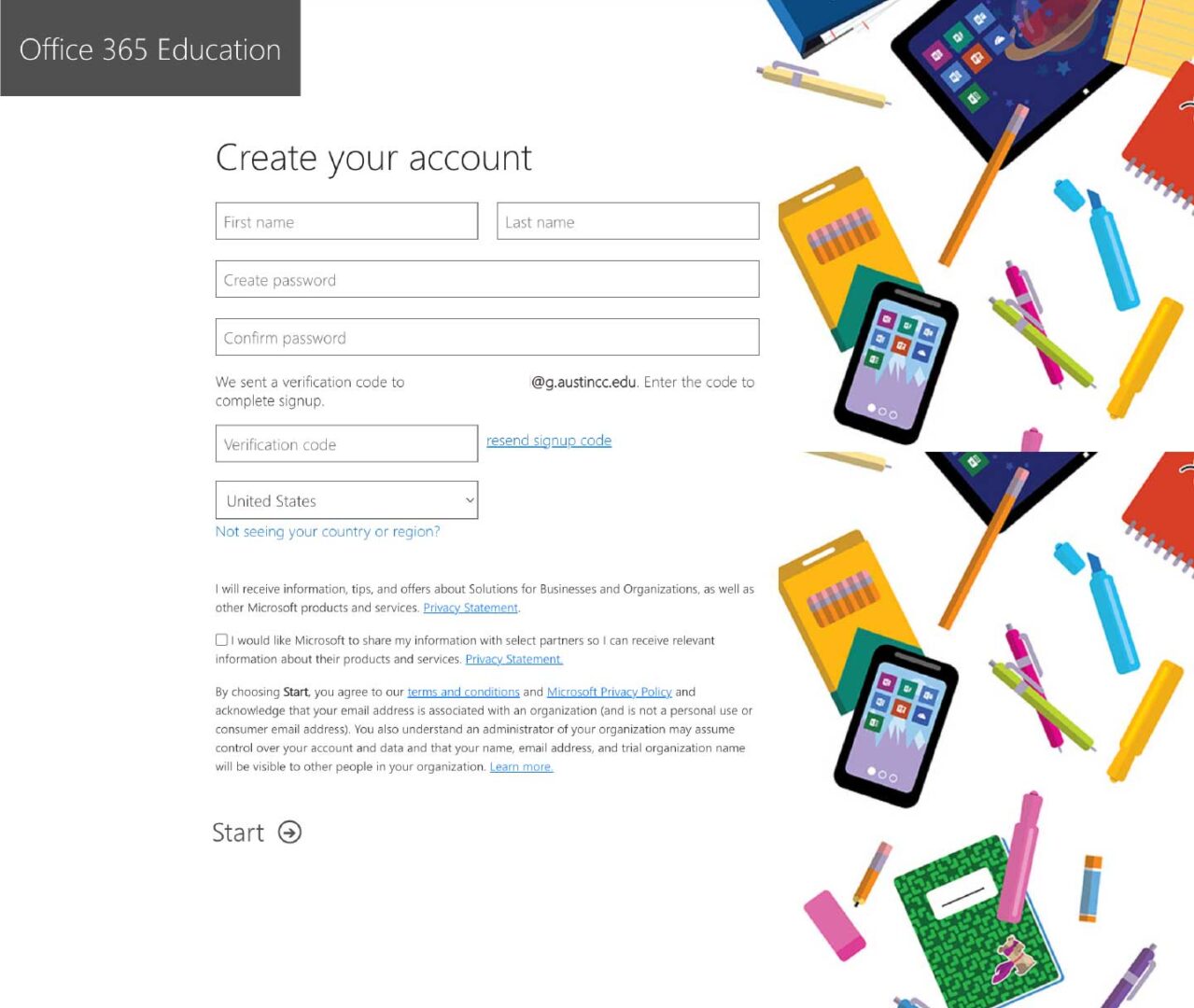 Screenshot of Microsoft Office 365 Education account creation form