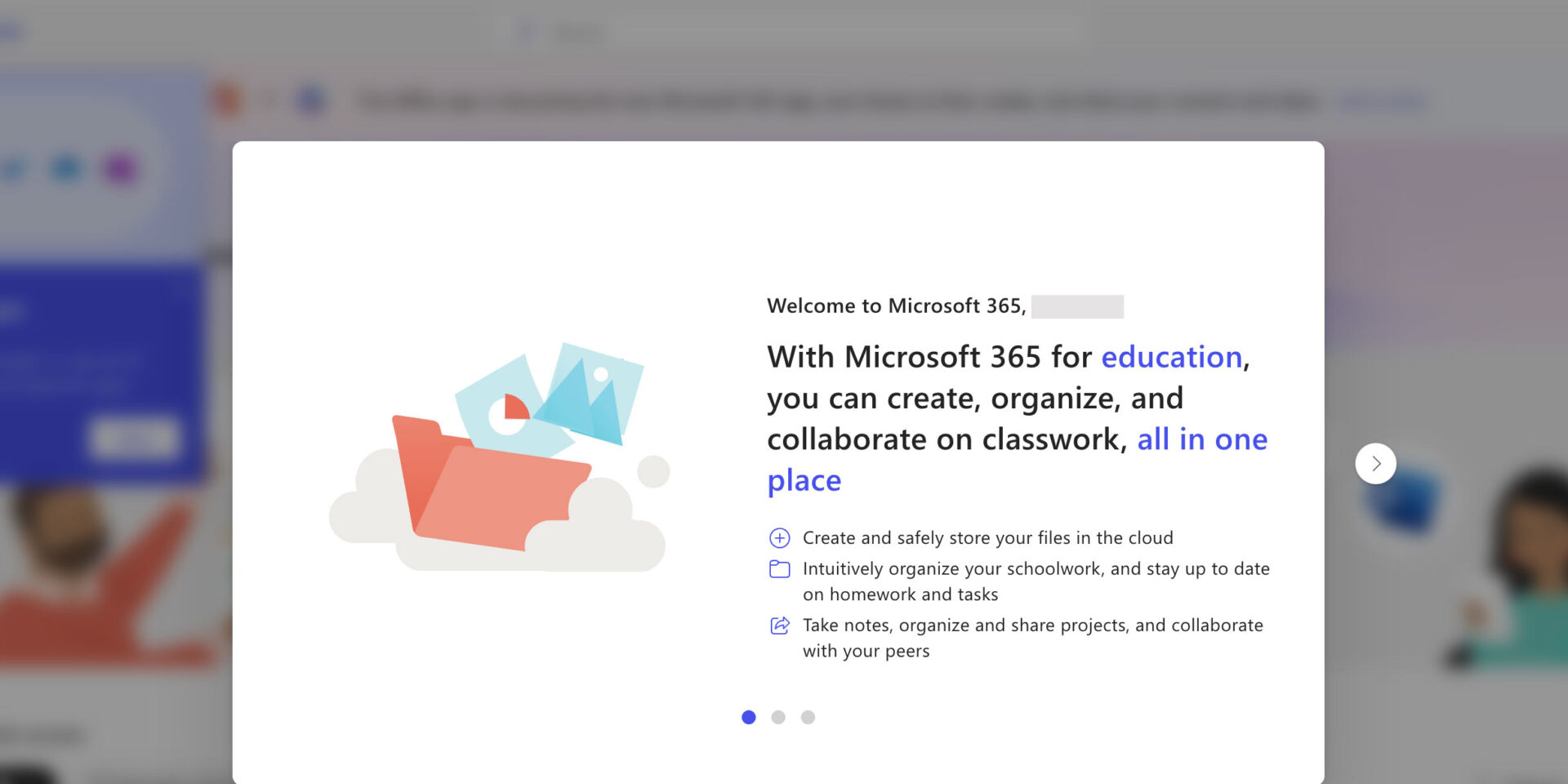 Screenshot of Microsoft 365 confirmation popup after creating an account