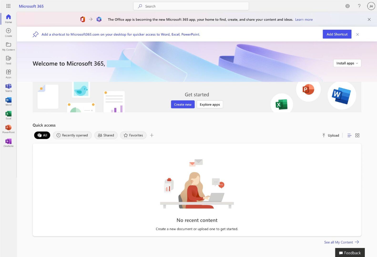 Screenshot of Microsoft Office 365 dashboard