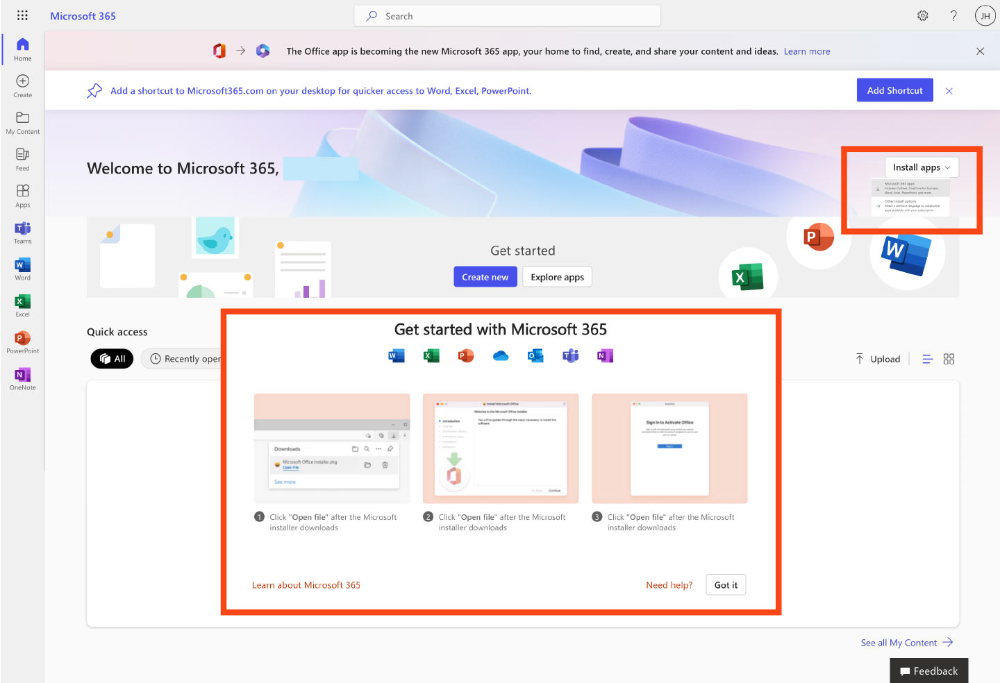 Screenshot of Microsoft Office 365 dashboard showing an orange box around the "Install apps" button and an orange box around the download instruction popup