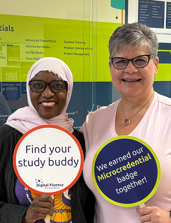Two ACC staff members who earned their microcredential badges together