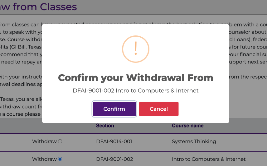 Withdrawal form confirmation popup