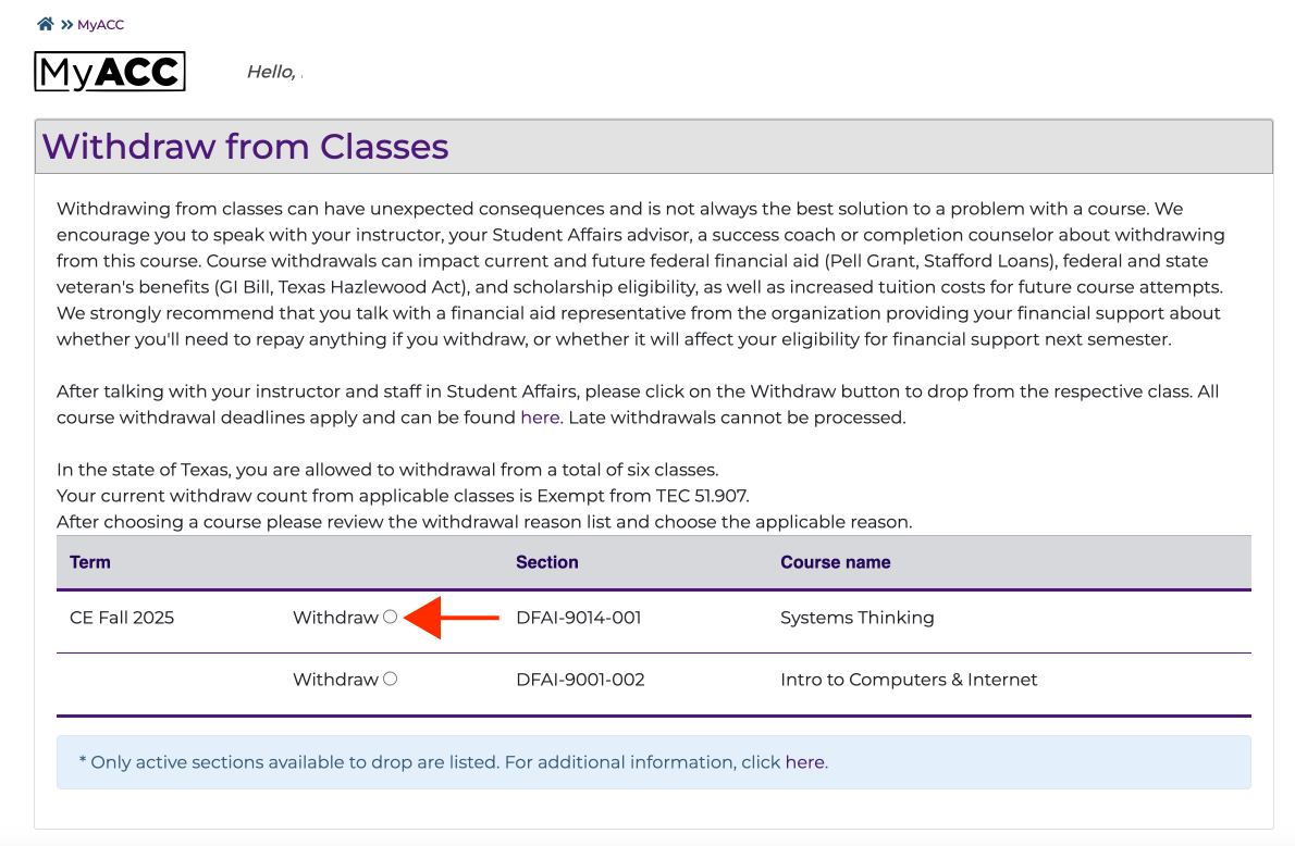 Arrow pointing to withdraw selection button