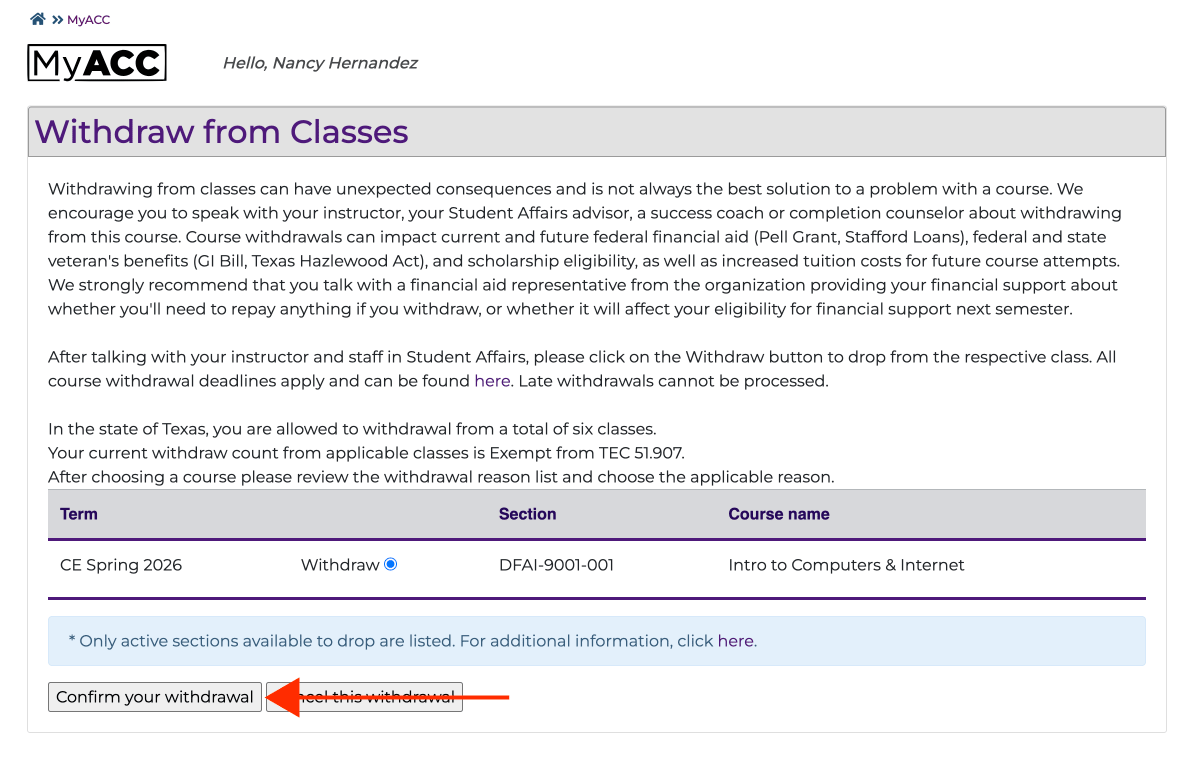 Withdraw from classes screen