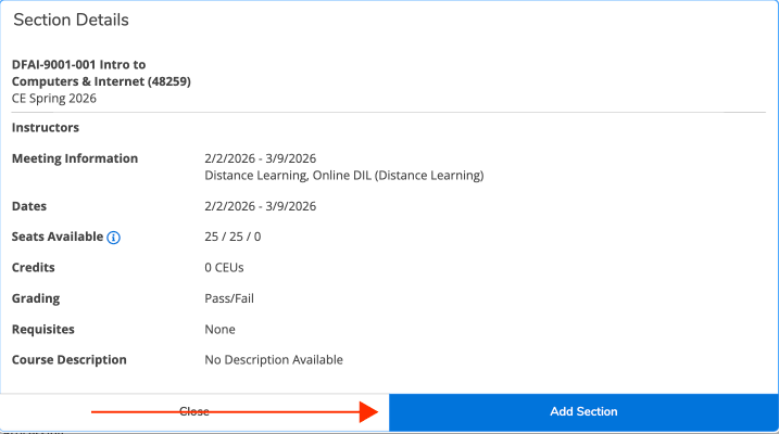Section details pop-up box with an arrow pointing to the Add Section button in the bottom right corner