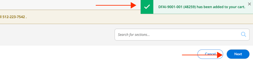 CE registration confirmation after selecting a course with an arrow pointing o the course confirmation and the next button in the bottom right corner
