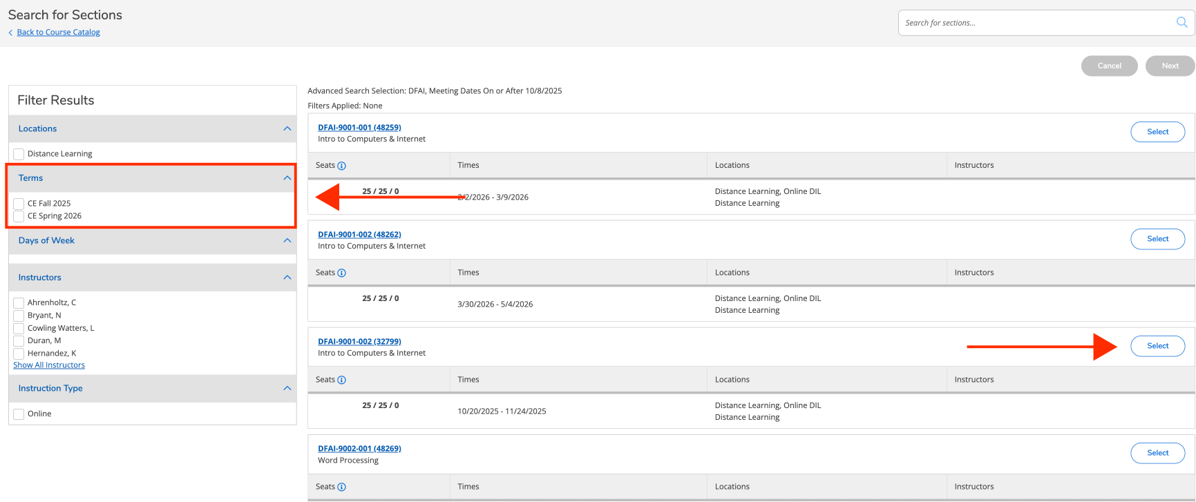 CE registration search page with arrow pointing to term selection in left navigation and an arrow pointing to the select button for a course