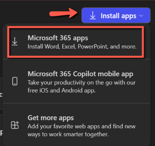 closeup of install apps download button on MS365 dashboard