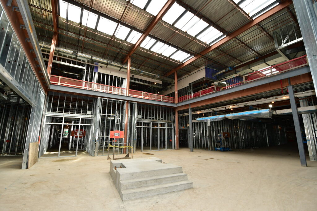 Interior open space with steel framing and unfinished floor