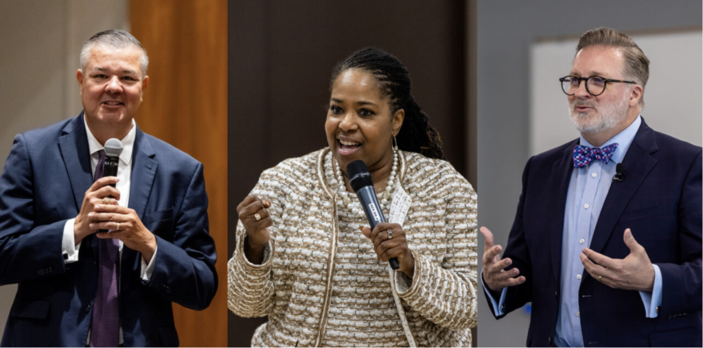 Triptych image of the three finalists for Chancellor at ACC — Dr. Robert Garza (far left), Dr. Joyce Ester (middle), and Dr. Russell Lowery-Hart (far right)