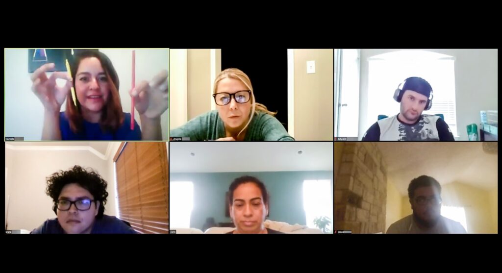 Screen shot of six male and female students participating in online class via video conference
