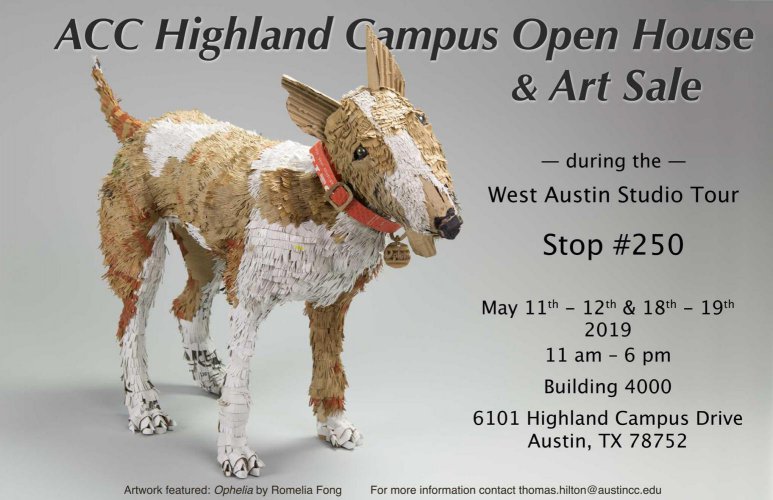 Annual West Austin Studio Tour promotional graphic with paper sculpture dog