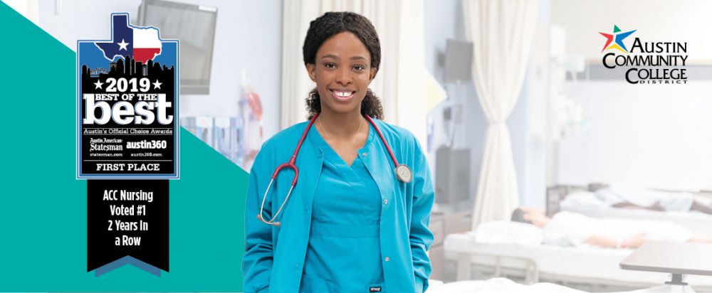 Nursing student in scrubs with stethoscope around her neck in simulation lab with 2019 Best of the Best logo graphic added to photo