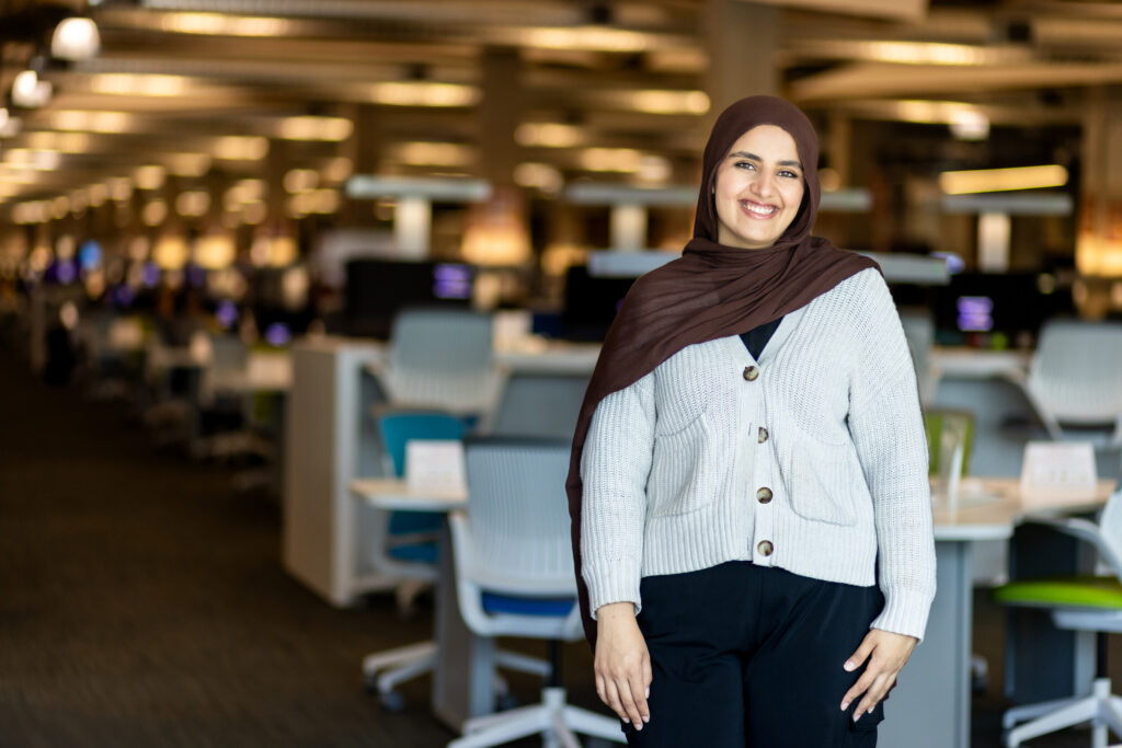 Austin Community College Computer Science and Information Technology (CSIT) student Raghad Alhussein poses for a portrait for the It's Your Time campaign on Monday, April 7, 2025, inside the ACCelerator at the Highland Campus.