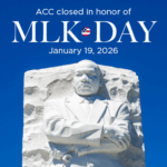 ACC Closed in Honor of MLK Day graphic with his monument