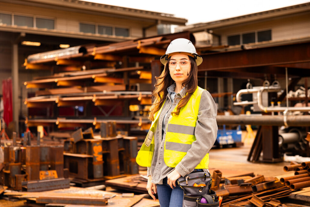 Here's an alt text description for the image: “A young woman wearing a white hard hat, yellow safety vest, and glasses stands in an industrial setting. She is looking directly at the camera with a neutral expression. Behind her, there is a large pile of steel beams and metal pipes, suggesting a construction or manufacturing environment. The background includes a partially visible building with windows and industrial equipment.”