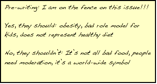 Text Box: Pre-writing: I am on the fence on this issue!!!  Yes, they should:   obesity, bad role model for kids, does not represent healthy diet  No, they shouldn't: It's not all bad food, people need moderation, it's a world-wide symbol   