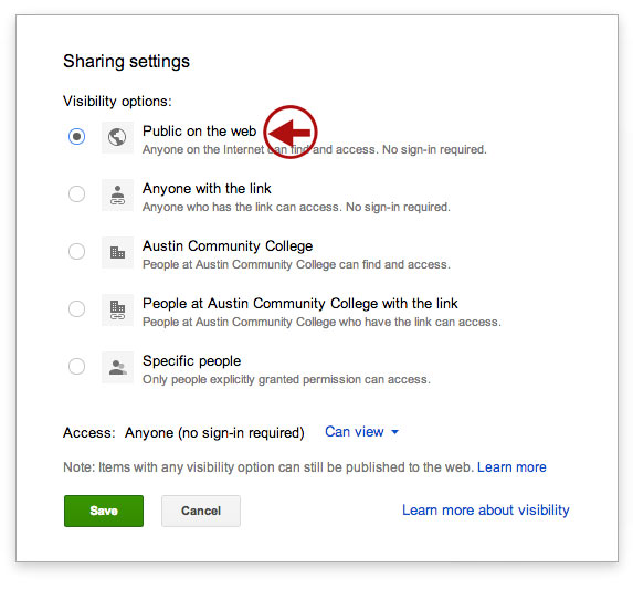 Select sharing settings on the folder